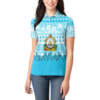 Honduras Christmas Women Polo Shirt with National Emblem Palm Trees and Snowflake Pattern Design - Wonder Print Shop