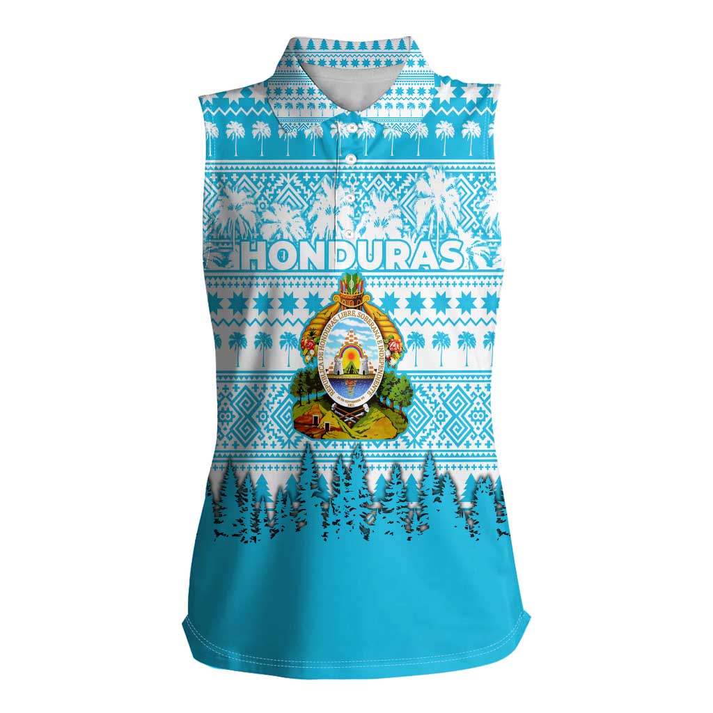 Honduras Christmas Women Sleeveless Polo Shirt with National Emblem Palm Trees and Snowflake Pattern Design - Wonder Print Shop