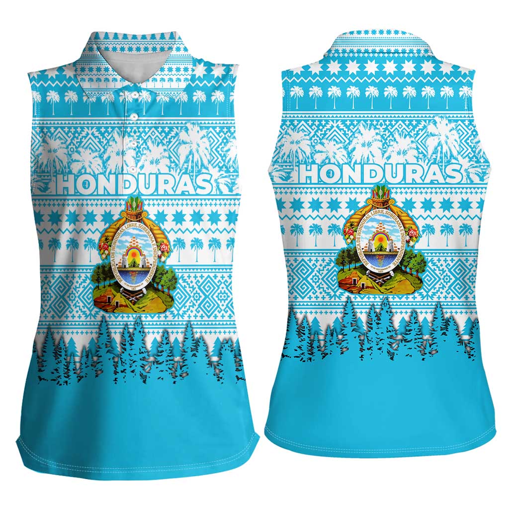 Honduras Christmas Women Sleeveless Polo Shirt with National Emblem Palm Trees and Snowflake Pattern Design - Wonder Print Shop