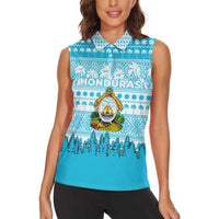 Honduras Christmas Women Sleeveless Polo Shirt with National Emblem Palm Trees and Snowflake Pattern Design - Wonder Print Shop