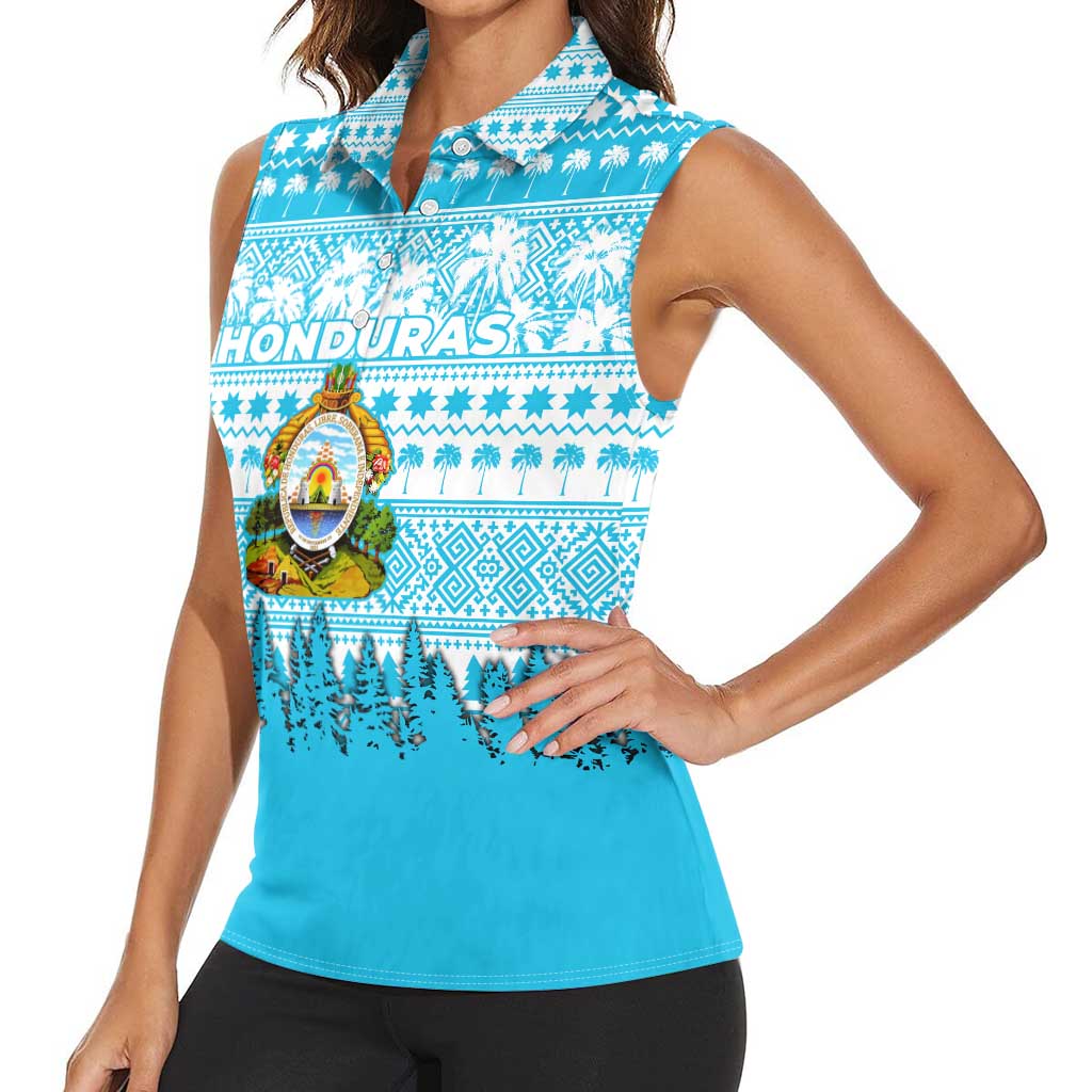 Honduras Christmas Women Sleeveless Polo Shirt with National Emblem Palm Trees and Snowflake Pattern Design - Wonder Print Shop