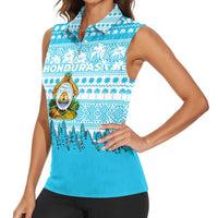 Honduras Christmas Women Sleeveless Polo Shirt with National Emblem Palm Trees and Snowflake Pattern Design - Wonder Print Shop