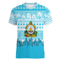 Honduras Christmas Women V-Neck T-Shirt with National Emblem Palm Trees and Snowflake Pattern Design - Wonder Print Shop