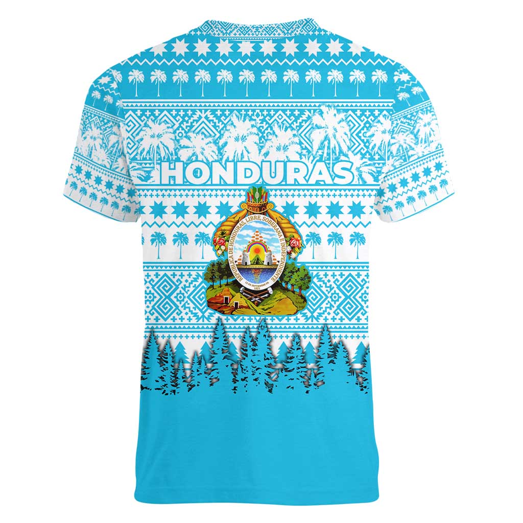 Honduras Christmas Women V-Neck T-Shirt with National Emblem Palm Trees and Snowflake Pattern Design - Wonder Print Shop