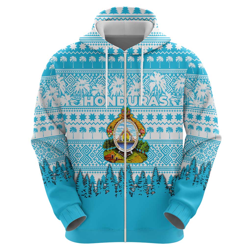 Honduras Christmas Zip Hoodie with National Emblem Palm Trees and Snowflake Pattern Design - Wonder Print Shop
