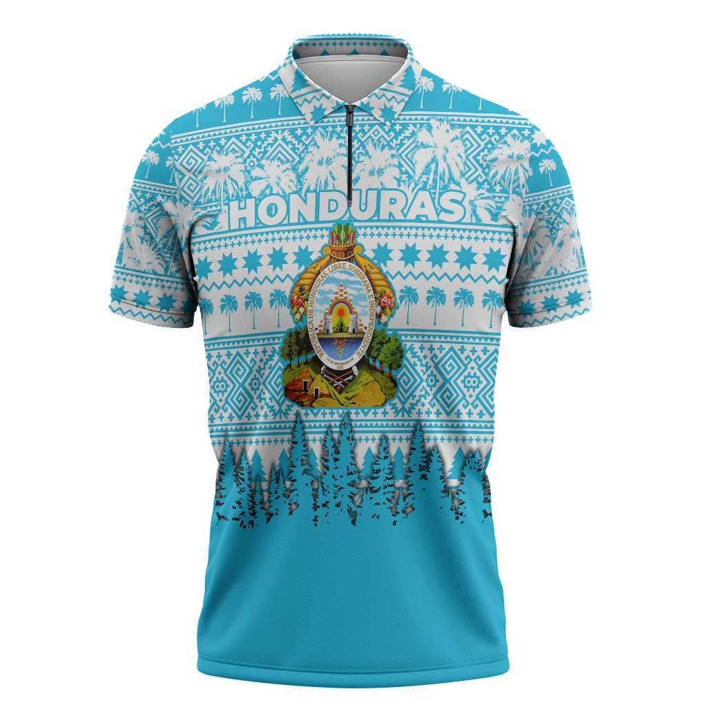 Honduras Christmas Zipper Polo Shirt with National Emblem Palm Trees and Snowflake Pattern Design - Wonder Print Shop