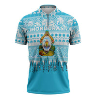 Honduras Christmas Zipper Polo Shirt with National Emblem Palm Trees and Snowflake Pattern Design - Wonder Print Shop