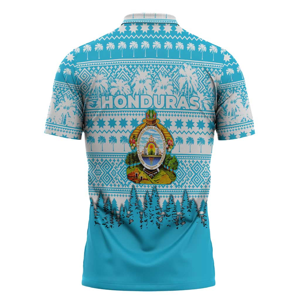 Honduras Christmas Zipper Polo Shirt with National Emblem Palm Trees and Snowflake Pattern Design - Wonder Print Shop