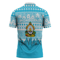 Honduras Christmas Zipper Polo Shirt with National Emblem Palm Trees and Snowflake Pattern Design - Wonder Print Shop