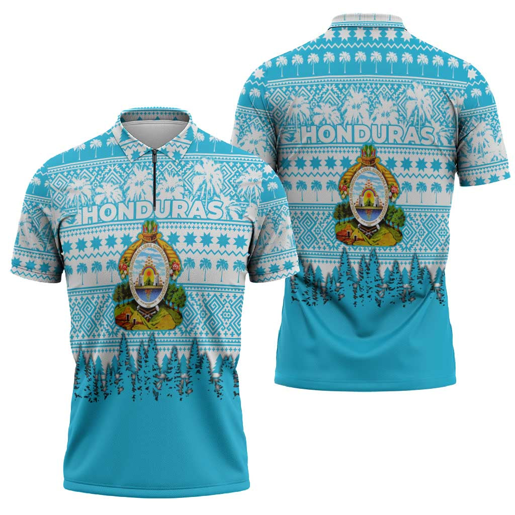 Honduras Christmas Zipper Polo Shirt with National Emblem Palm Trees and Snowflake Pattern Design - Wonder Print Shop