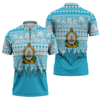 Honduras Christmas Zipper Polo Shirt with National Emblem Palm Trees and Snowflake Pattern Design - Wonder Print Shop
