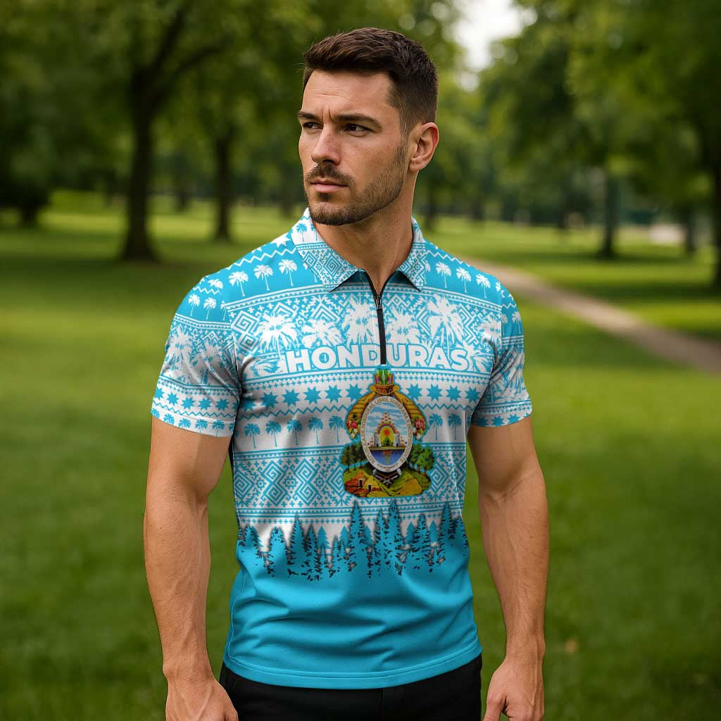 Honduras Christmas Zipper Polo Shirt with National Emblem Palm Trees and Snowflake Pattern Design - Wonder Print Shop