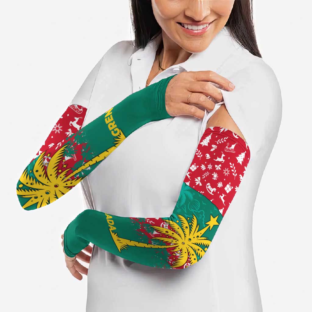 Grenada Christmas Arm Sleeves with Palm Tree Bird and Tropical Holiday Pattern Design - Wonder Print Shop