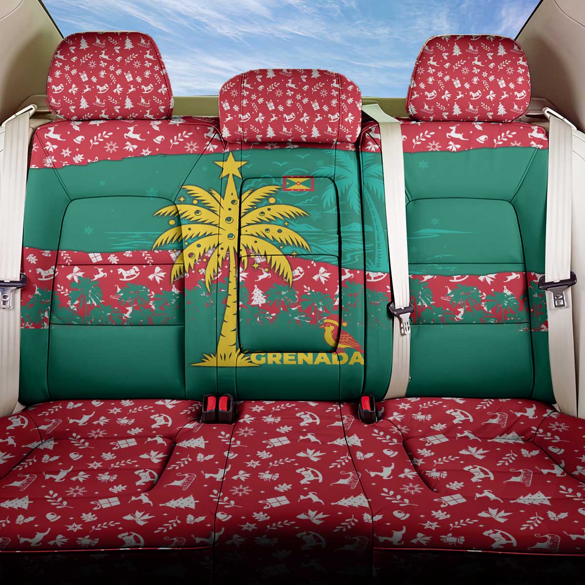 Grenada Christmas Back Car Seat Cover with Palm Tree Bird and Tropical Holiday Pattern Design - Wonder Print Shop