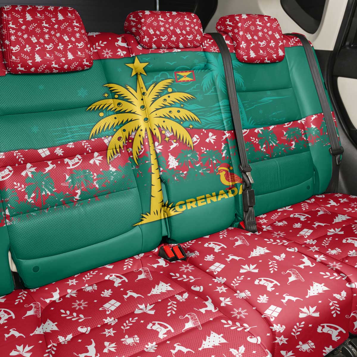 Grenada Christmas Back Car Seat Cover with Palm Tree Bird and Tropical Holiday Pattern Design - Wonder Print Shop