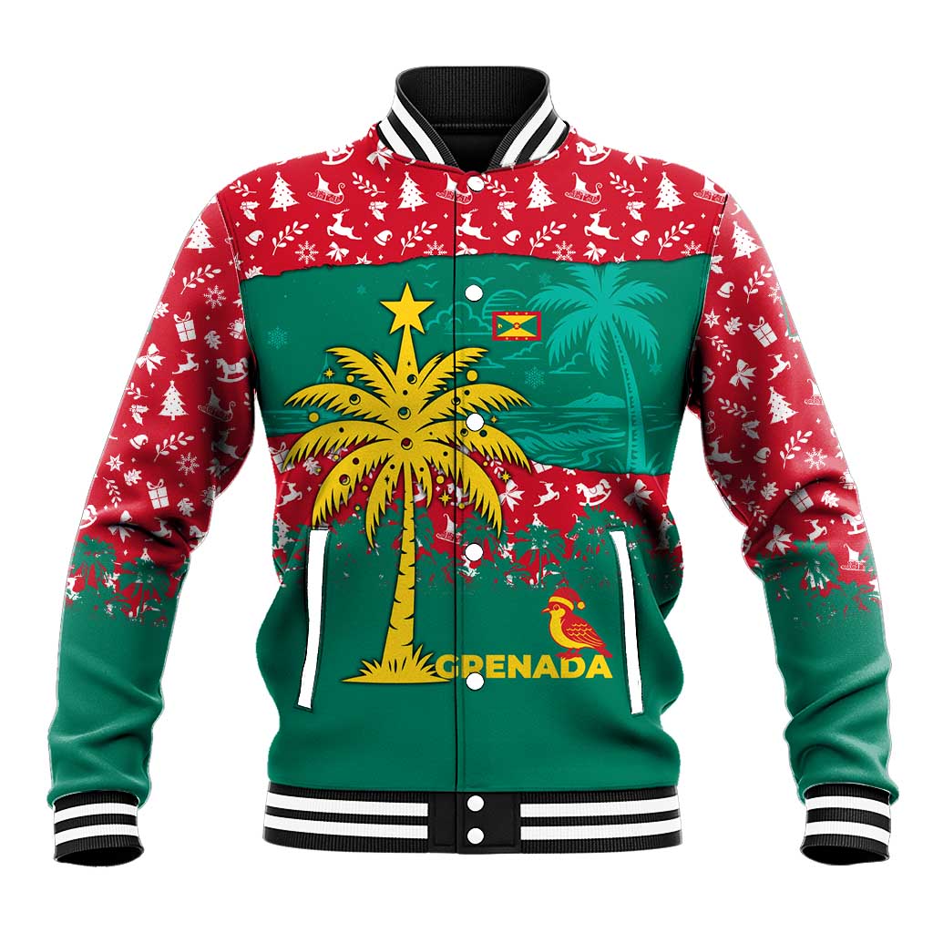Grenada Christmas Baseball Jacket with Palm Tree Bird and Tropical Holiday Pattern Design - Wonder Print Shop