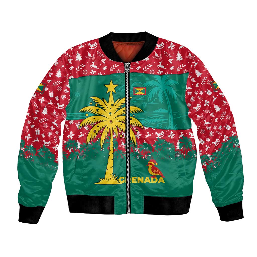 Grenada Christmas Bomber Jacket with Palm Tree Bird and Tropical Holiday Pattern Design - Wonder Print Shop