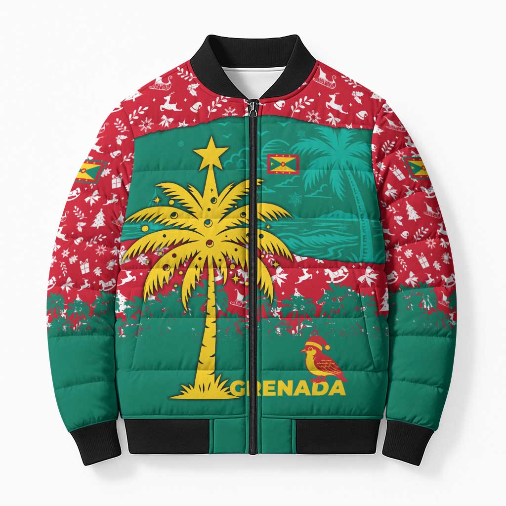 Grenada Christmas Bomber Puffer Jacket with Palm Tree Bird and Tropical Holiday Pattern Design - Wonder Print Shop