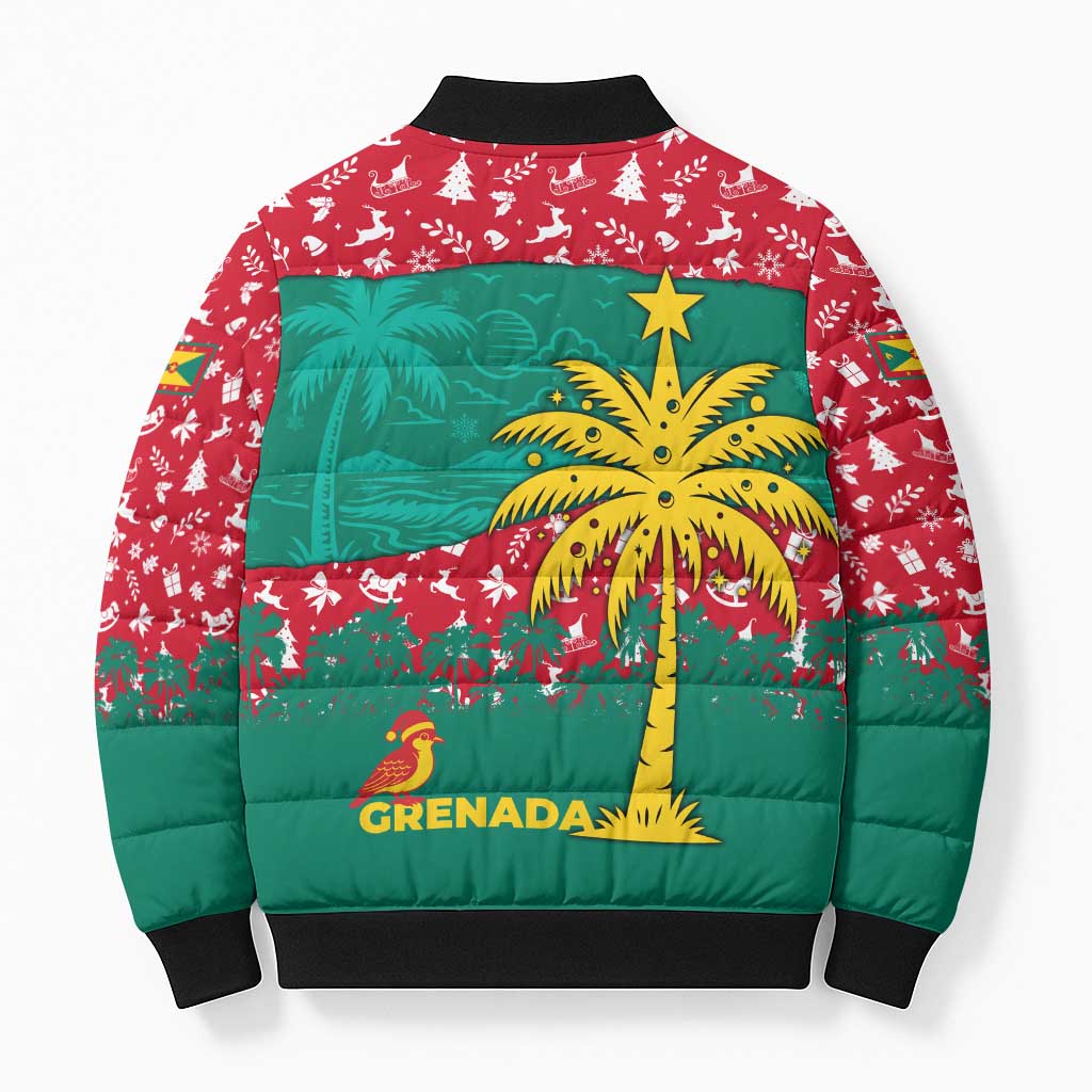 Grenada Christmas Bomber Puffer Jacket with Palm Tree Bird and Tropical Holiday Pattern Design - Wonder Print Shop