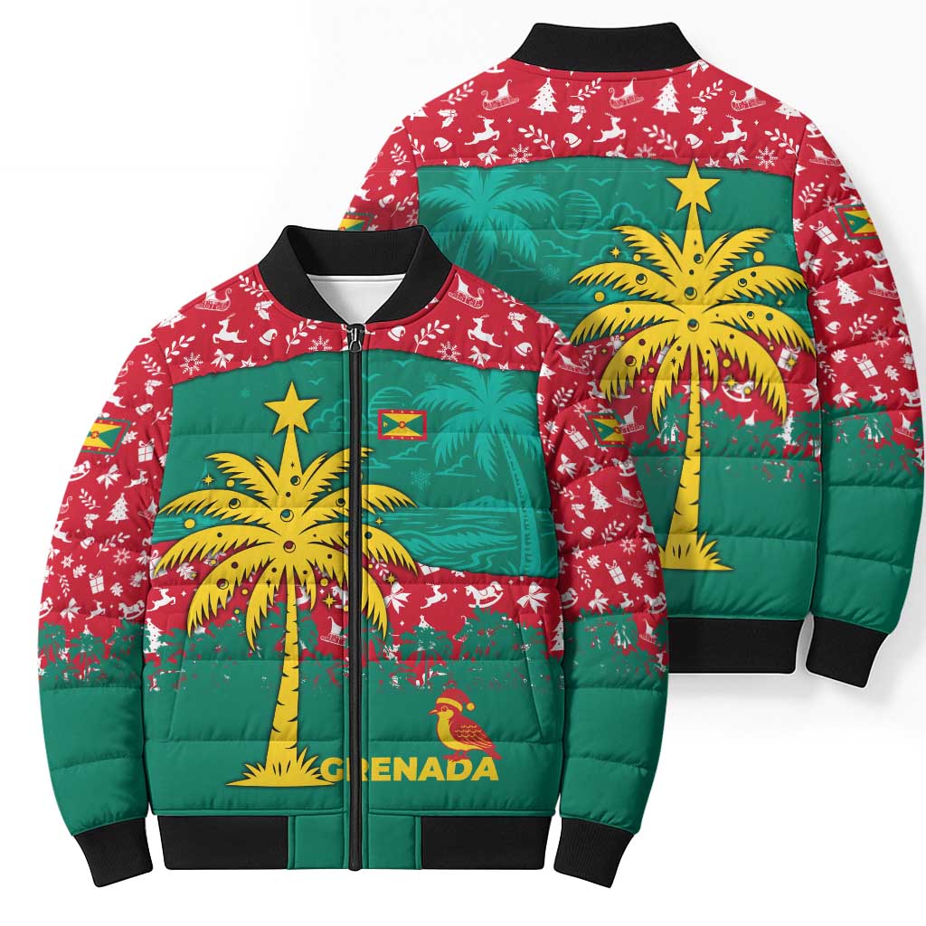 Grenada Christmas Bomber Puffer Jacket with Palm Tree Bird and Tropical Holiday Pattern Design - Wonder Print Shop