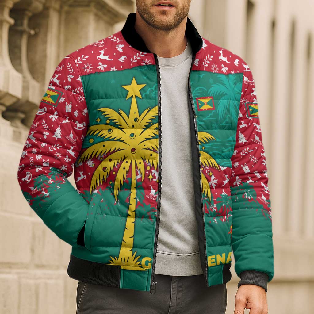 Grenada Christmas Bomber Puffer Jacket with Palm Tree Bird and Tropical Holiday Pattern Design - Wonder Print Shop