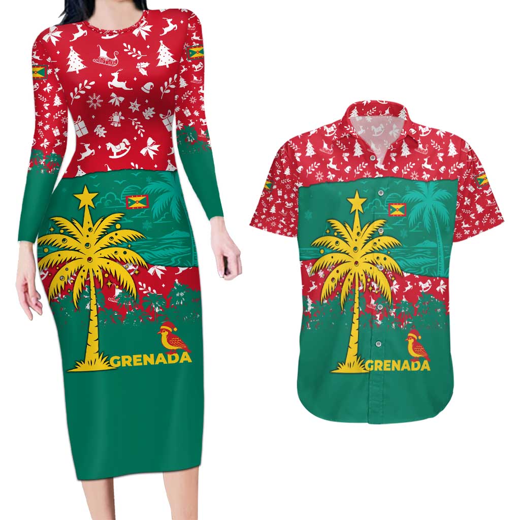 Grenada Christmas Couples Matching Long Sleeve Bodycon Dress and Hawaiian Shirt with Palm Tree Bird and Tropical Holiday Pattern Design - Wonder Print Shop