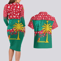 Grenada Christmas Couples Matching Long Sleeve Bodycon Dress and Hawaiian Shirt with Palm Tree Bird and Tropical Holiday Pattern Design - Wonder Print Shop