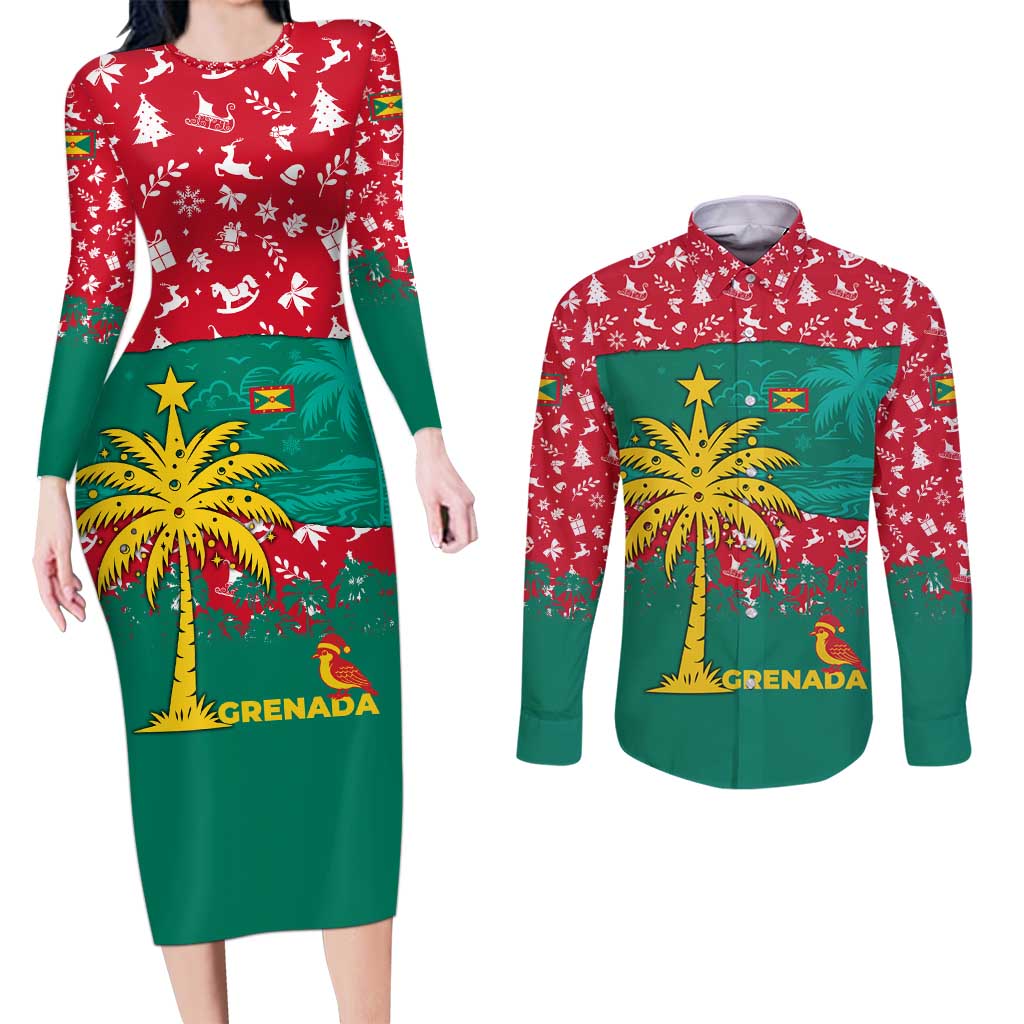 Grenada Christmas Couples Matching Long Sleeve Bodycon Dress and Long Sleeve Button Shirt with Palm Tree Bird and Tropical Holiday Pattern Design - Wonder Print Shop