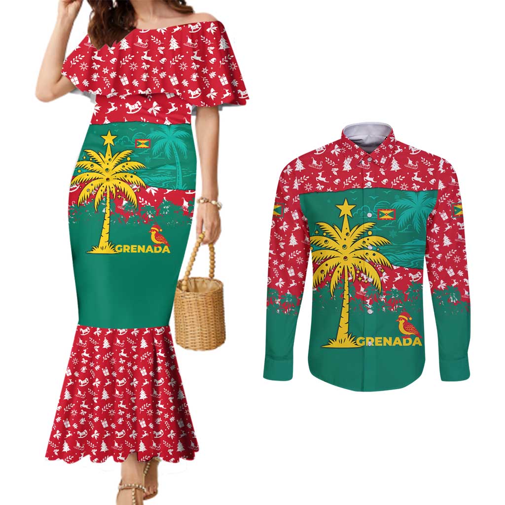 Grenada Christmas Couples Matching Mermaid Dress and Long Sleeve Button Shirt with Palm Tree Bird and Tropical Holiday Pattern Design - Wonder Print Shop