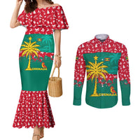 Grenada Christmas Couples Matching Mermaid Dress and Long Sleeve Button Shirt with Palm Tree Bird and Tropical Holiday Pattern Design - Wonder Print Shop