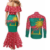 Grenada Christmas Couples Matching Mermaid Dress and Long Sleeve Button Shirt with Palm Tree Bird and Tropical Holiday Pattern Design - Wonder Print Shop
