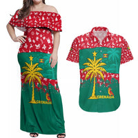 Grenada Christmas Couples Matching Off Shoulder Maxi Dress and Hawaiian Shirt with Palm Tree Bird and Tropical Holiday Pattern Design - Wonder Print Shop