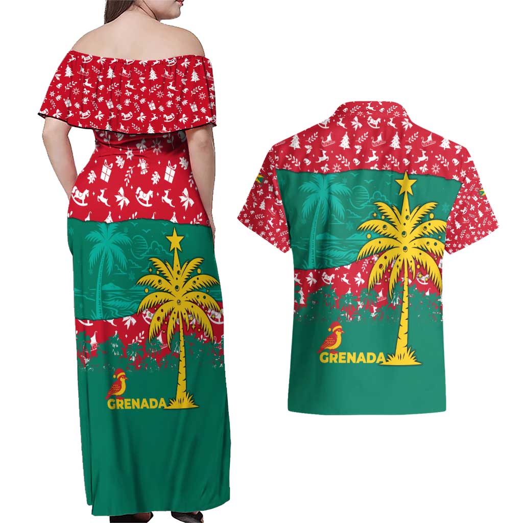 Grenada Christmas Couples Matching Off Shoulder Maxi Dress and Hawaiian Shirt with Palm Tree Bird and Tropical Holiday Pattern Design - Wonder Print Shop