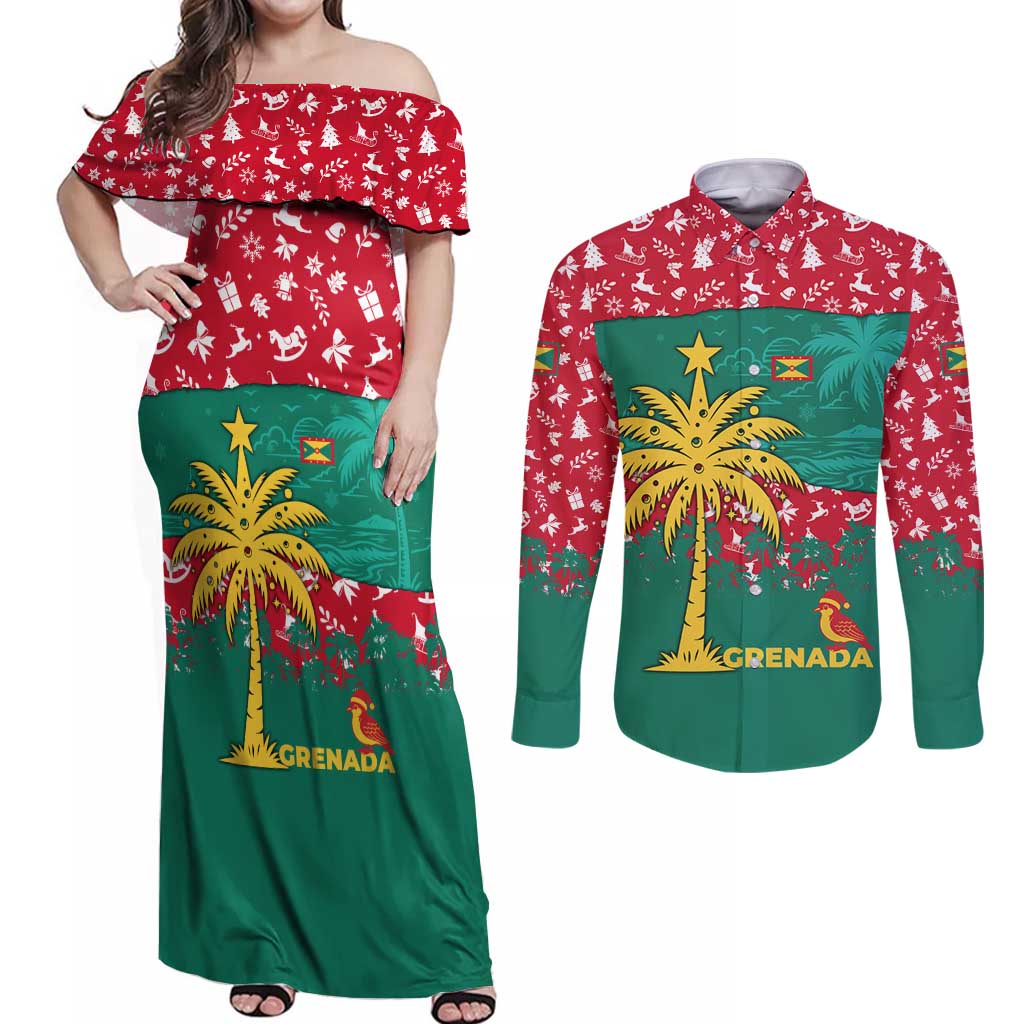 Grenada Christmas Couples Matching Off Shoulder Maxi Dress and Long Sleeve Button Shirt with Palm Tree Bird and Tropical Holiday Pattern Design - Wonder Print Shop