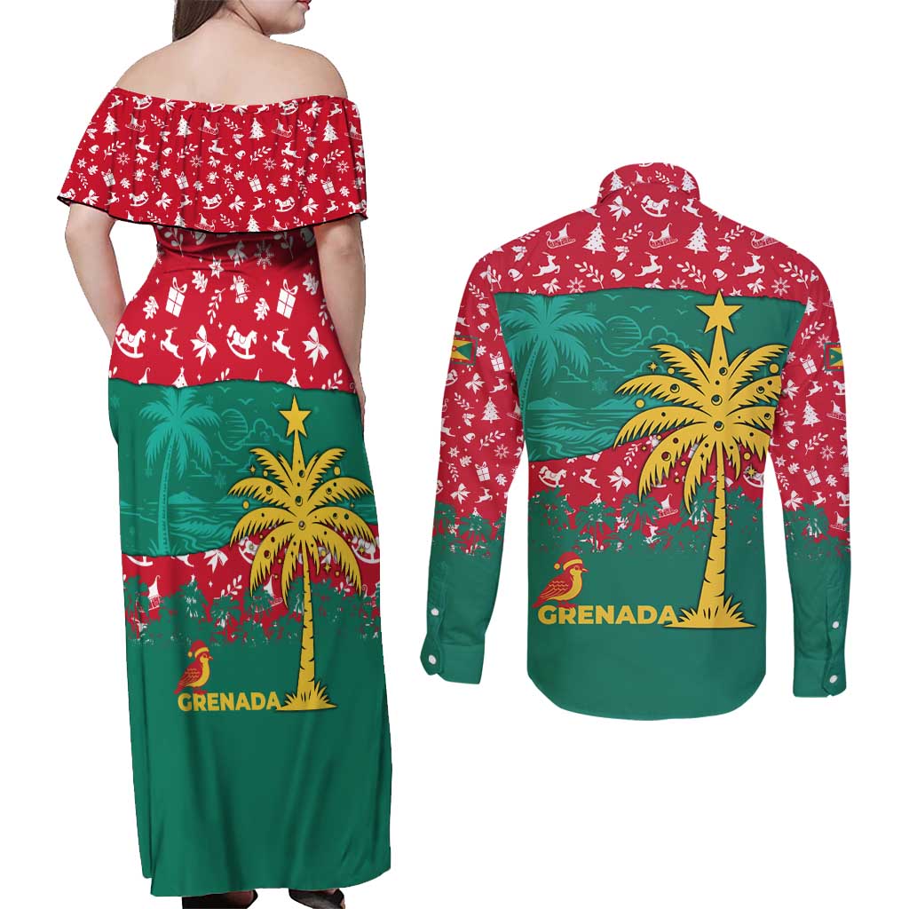 Grenada Christmas Couples Matching Off Shoulder Maxi Dress and Long Sleeve Button Shirt with Palm Tree Bird and Tropical Holiday Pattern Design - Wonder Print Shop