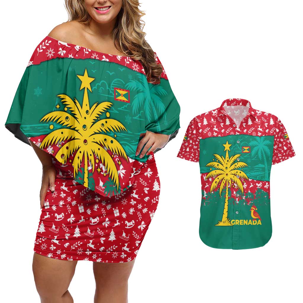 Grenada Christmas Couples Matching Off Shoulder Short Dress and Hawaiian Shirt with Palm Tree Bird and Tropical Holiday Pattern Design - Wonder Print Shop