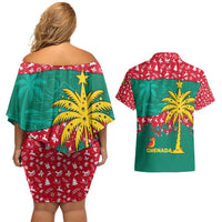 Grenada Christmas Couples Matching Off Shoulder Short Dress and Hawaiian Shirt with Palm Tree Bird and Tropical Holiday Pattern Design - Wonder Print Shop