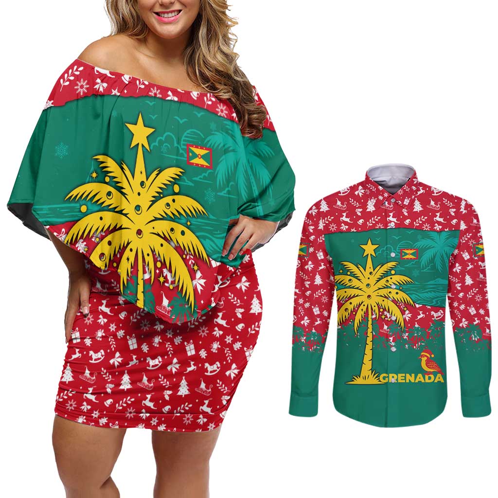 Grenada Christmas Couples Matching Off Shoulder Short Dress and Long Sleeve Button Shirt with Palm Tree Bird and Tropical Holiday Pattern Design - Wonder Print Shop