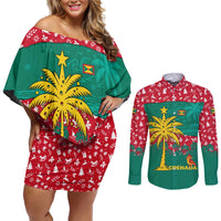 Grenada Christmas Couples Matching Off Shoulder Short Dress and Long Sleeve Button Shirt with Palm Tree Bird and Tropical Holiday Pattern Design - Wonder Print Shop