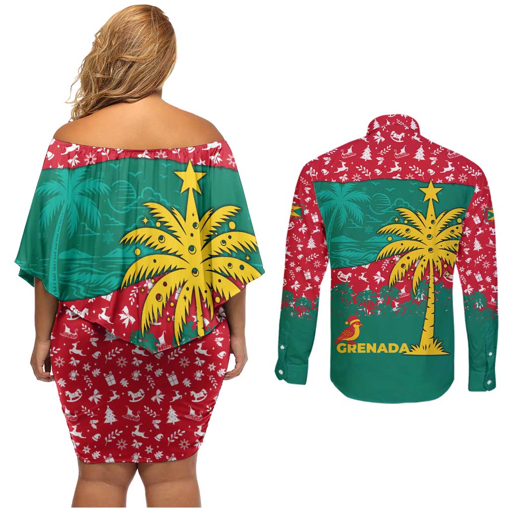 Grenada Christmas Couples Matching Off Shoulder Short Dress and Long Sleeve Button Shirt with Palm Tree Bird and Tropical Holiday Pattern Design - Wonder Print Shop