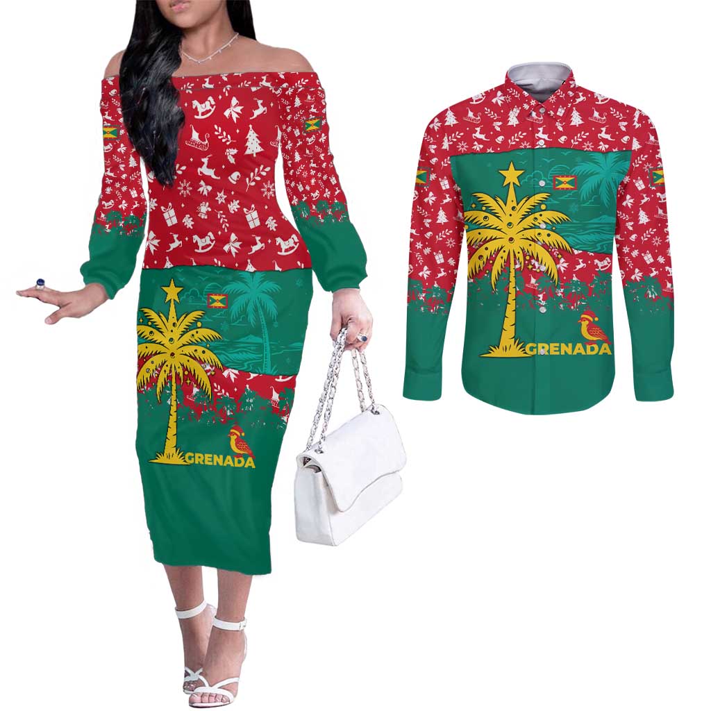 Grenada Christmas Couples Matching Off The Shoulder Long Sleeve Dress and Long Sleeve Button Shirt with Palm Tree Bird and Tropical Holiday Pattern Design - Wonder Print Shop