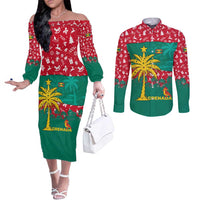 Grenada Christmas Couples Matching Off The Shoulder Long Sleeve Dress and Long Sleeve Button Shirt with Palm Tree Bird and Tropical Holiday Pattern Design - Wonder Print Shop