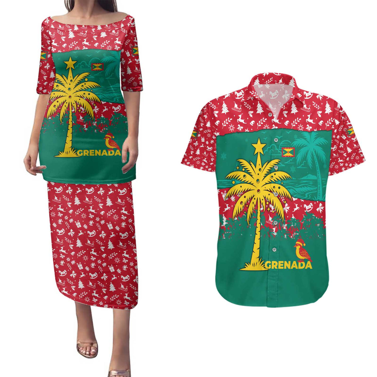 Grenada Christmas Couples Matching Puletasi and Hawaiian Shirt with Palm Tree Bird and Tropical Holiday Pattern Design - Wonder Print Shop