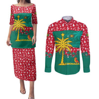 Grenada Christmas Couples Matching Puletasi and Long Sleeve Button Shirt with Palm Tree Bird and Tropical Holiday Pattern Design - Wonder Print Shop