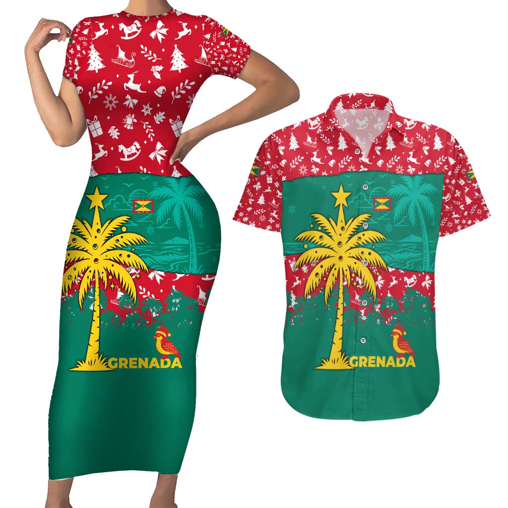 Grenada Christmas Couples Matching Short Sleeve Bodycon Dress and Hawaiian Shirt with Palm Tree Bird and Tropical Holiday Pattern Design - Wonder Print Shop