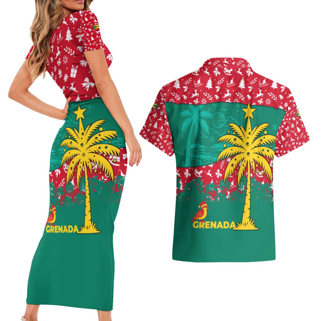 Grenada Christmas Couples Matching Short Sleeve Bodycon Dress and Hawaiian Shirt with Palm Tree Bird and Tropical Holiday Pattern Design - Wonder Print Shop