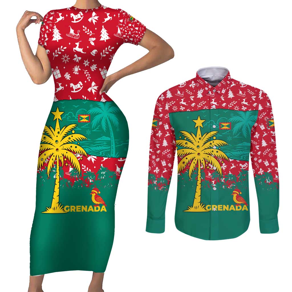 Grenada Christmas Couples Matching Short Sleeve Bodycon Dress and Long Sleeve Button Shirt with Palm Tree Bird and Tropical Holiday Pattern Design - Wonder Print Shop