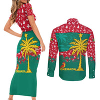 Grenada Christmas Couples Matching Short Sleeve Bodycon Dress and Long Sleeve Button Shirt with Palm Tree Bird and Tropical Holiday Pattern Design - Wonder Print Shop