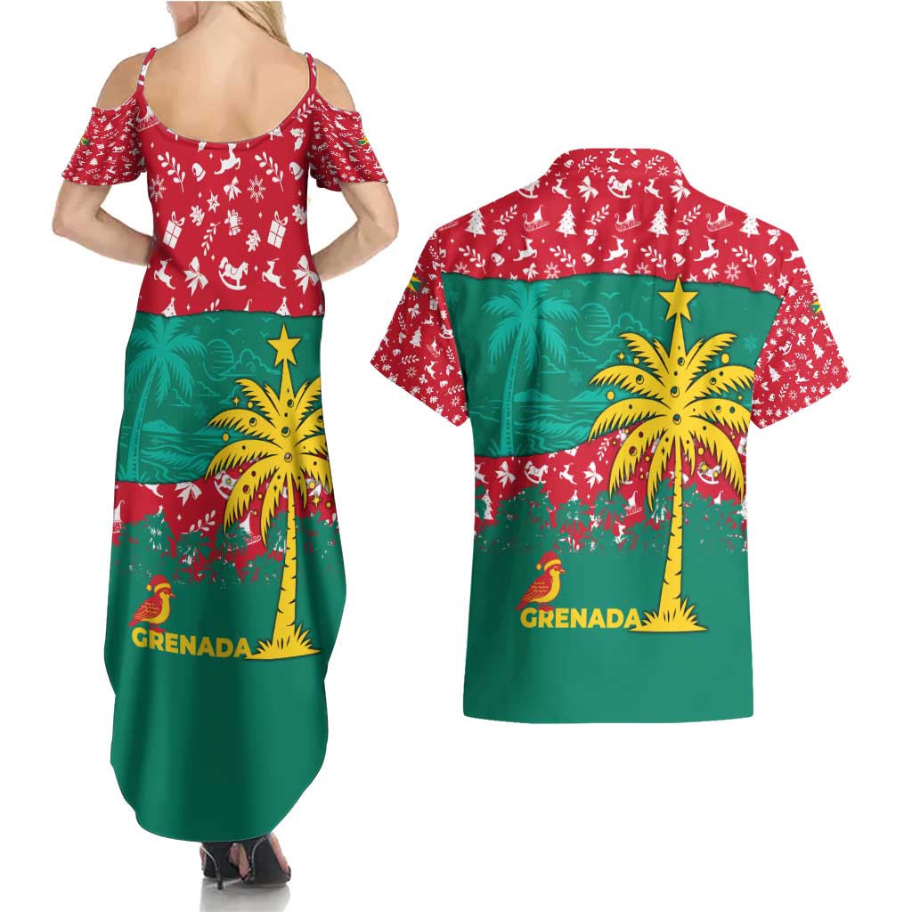 Grenada Christmas Couples Matching Summer Maxi Dress and Hawaiian Shirt with Palm Tree Bird and Tropical Holiday Pattern Design - Wonder Print Shop