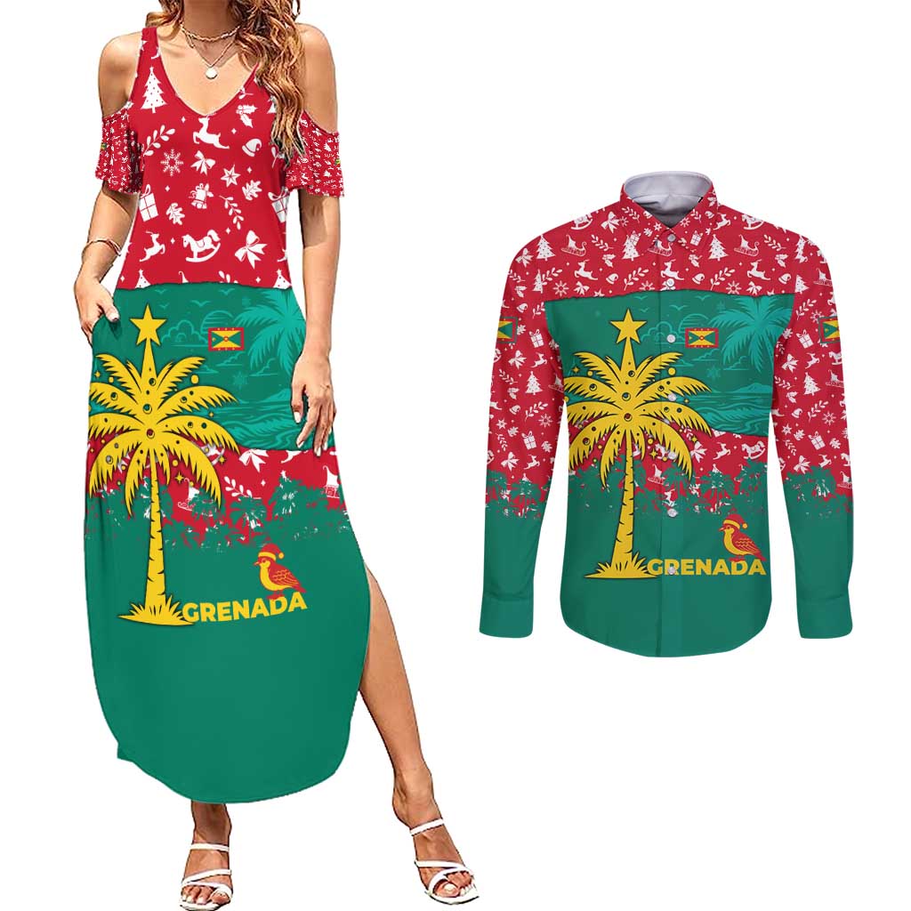 Grenada Christmas Couples Matching Summer Maxi Dress and Long Sleeve Button Shirt with Palm Tree Bird and Tropical Holiday Pattern Design - Wonder Print Shop